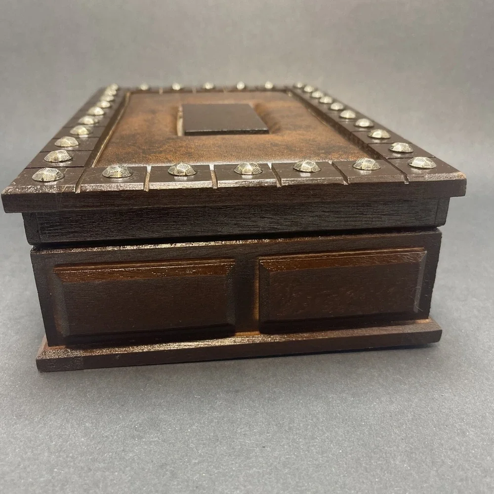 Vintage London Leather Wood & Leather Jewelry Box, Brass Studs Gold Velvet Lined